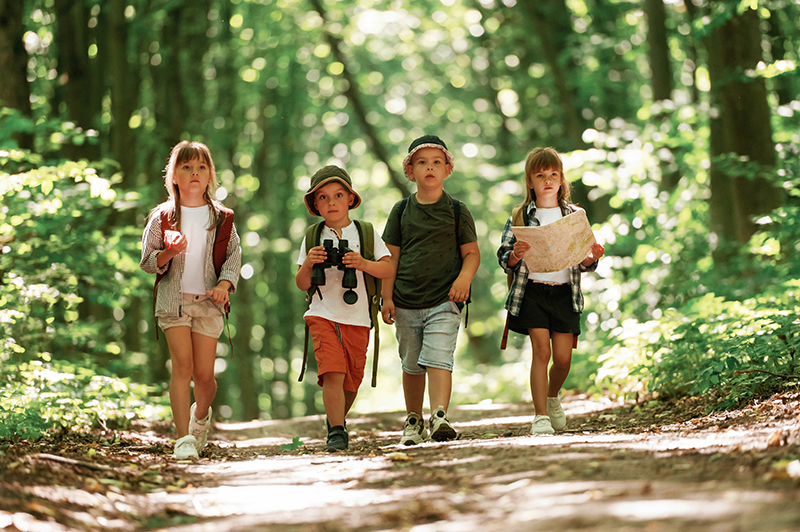 Conception of hiking. Kids in forest at summer daytime together